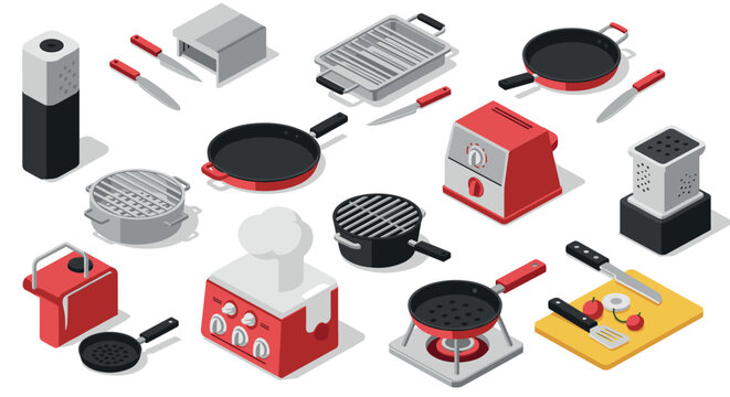 Modern kitchen utensils set in isometric style for culinary design and inspiration
