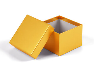 An open empty bright yellow square gift box with its lid slightly ajar