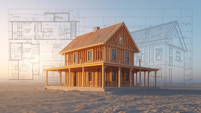 House under construction with blueprint overlay, representing the building process and design phase