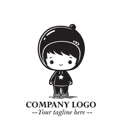 Black and White Chibi Boy Illustration with Jacket and Boots in Bold Thick Line Art Minimal Style