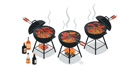 Isometric bbq grill setup with steaks and drinks on white background