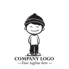 Black and White Chibi Boy Illustration with Jacket and Boots in Bold Thick Line Art Minimal Style