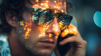 Digital conversations: modern manager navigating the urban jungle. Kpi tracking. Digital savvy manager using technology amidst urban life's hustle. Financial report. Data analysis.