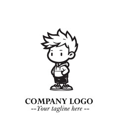 Black and White Chibi Boy Illustration with Jacket and Boots in Bold Thick Line Art Minimal Style