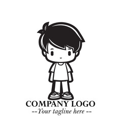 Black and White Chibi Boy Illustration with Jacket and Boots in Bold Thick Line Art Minimal Style