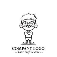 Black and White Chibi Boy Illustration with Jacket and Boots in Bold Thick Line Art Minimal Style