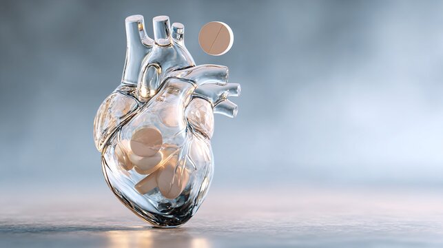 statin. An abstract glass sculpture of a human heart, with a single statin pill balanced on its top. event programs, museum guides, designed for cultural heritage projects and event programs.