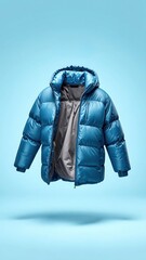 Vibrant Teal Jacket Floating in Air: A stylish, puffy teal jacket with a hood is captured in mid-air against a serene, cool blue backdrop. Emphasizing its lightweight design and modern appeal.