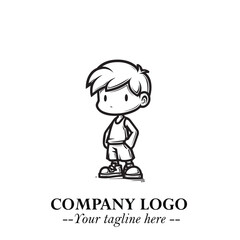Black and White Chibi Boy Illustration with Jacket and Boots in Bold Thick Line Art Minimal Style