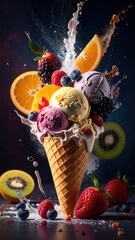 Artistic Ice Cream Cone Delight: An artistic rendering presents a luscious ice cream cone overflowing with colorful scoops of ice cream, adorned with fresh fruits.