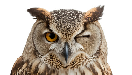 Fototapeta premium Winking owl closeup on the transparent background, playful eurasian eagle owl face detail, expressive bird of prey with striking eyes and feathers