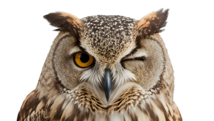 Winking owl closeup on the transparent background, playful eurasian eagle owl face detail, expressive bird of prey with striking eyes and feathers