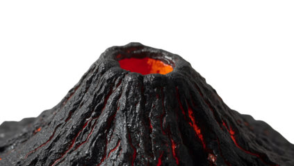 Closeup of volcanic crater with glowing lava on the transparent background  eruption concept, geology, nature, and science