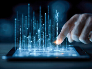 Human hand interacting with futuristic digital data holograms rising from a tablet screen symbolizing advanced technology and virtual information flow in dark settin
