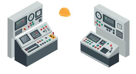Isometric control panels with safety helmet in industrial setting