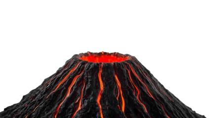 Molten lava volcano eruption crater isolated on the transparent background with glowing magma flow and dark volcanic rock texture