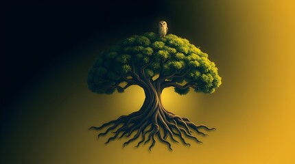 Tree of Life Illustration with Owl Symbolizing Wisdom, Growth, and Connection, Detailed Roots and Branches in Classic Nature Design Representing Knowledge, Strength, and Interconnectedness of Life.