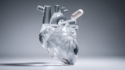 statin. An abstract glass sculpture of a human heart, with a single statin pill balanced on its top. event programs, museum guides, designed for cultural heritage projects and event programs.