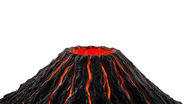 Molten lava volcano eruption crater isolated on the transparent background with glowing magma flow and dark volcanic rock texture