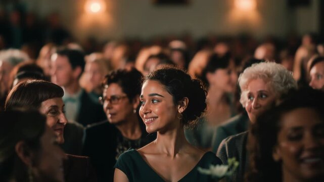 Beautiful young woman sitting in a crowded auditorium, smiling and captivated by a live performance while the engaged audience around her enjoys the show and atmosphere