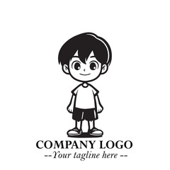 Black and White Chibi Boy Illustration with Jacket and Boots in Bold Thick Line Art Minimal Style