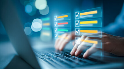 Businessman typing on laptop keyboard with digital checklist interface showcasing tasks being marked as completed in a futuristic workspace environment