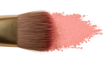 Soft bristle makeup brush with pink blush powder isolated on the transparent background for beauty and cosmetics concepts