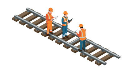 Isometric railway workers analyzing plans on train tracks