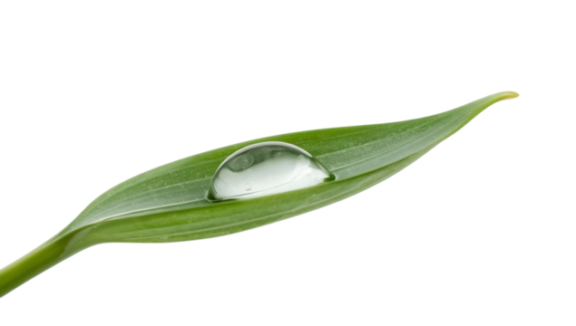Water drop on green leaf closeup isolated on the transparent background, nature freshness minimalism eco concept purity clean environment