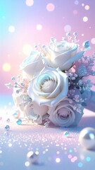 Elegant Bouquet of White Roses: A close-up shot of a delicate bouquet of pristine white roses, a symbol of purity, rests atop a shimmering surface, with soft hues in the background.