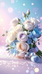 Bouquet of delicate Roses: A breathtaking bouquet of roses. Delicate white and pastel blue, and lavender roses are arranged together to create a stunning composition.