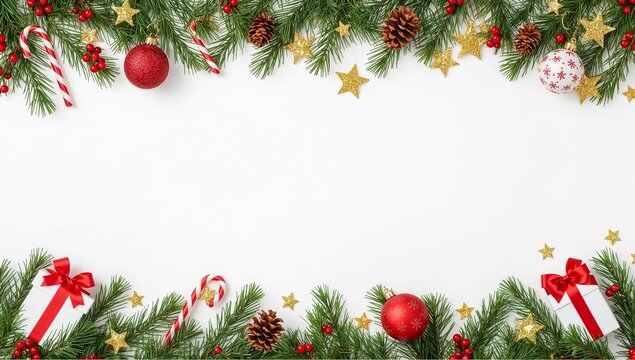 Festive Christmas frame with fir branches, baubles, pine cones, candy canes, and gift boxes, celebrating the holiday spirit