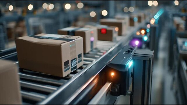 Supply chain resilience tech. Logistics automation forecasting management. Transportation. Cybersecurity. Blockchain. Packages on a conveyor belt in a logistics warehouse