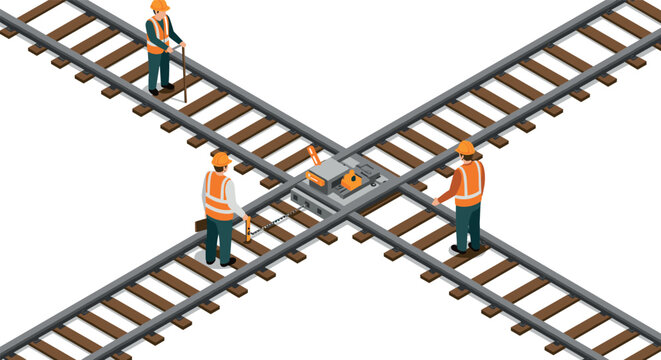 Isometric railroad intersection with construction workers in safety gear