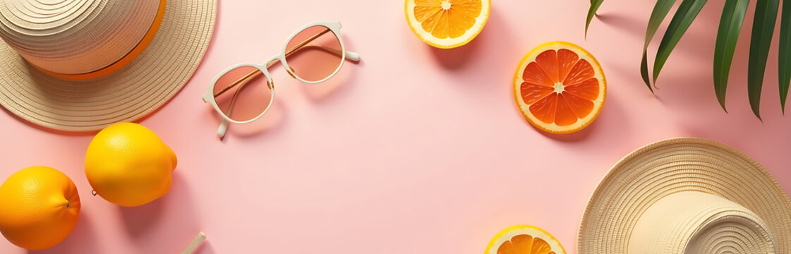 vibrant flat lay composition featuring collection summer items soft pastel pink background shot directly