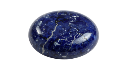 Polished lapis lazuli gemstone cabochon with natural white and gold veins isolated on the transparent background