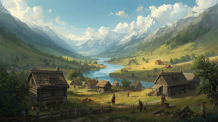 Idyllic Mountain Village Landscape with River, Traditional Log Cabins, and People Working in the Fields, Serene Rural Scene with Snow-Capped Peaks