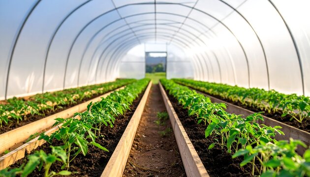 Interior view of a long, bright greenhouse with rows of young plants