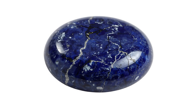 Polished lapis lazuli gemstone cabochon with natural white and gold veins isolated on the transparent background
