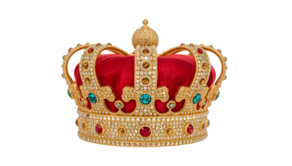 Luxurious golden royal crown with red velvet and colorful gemstones isolated on the transparent background