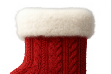 Red knitted christmas stocking with white furry trim, traditional holiday winter decoration concept on transparent background