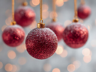 Red festive ornaments covered with frost hanging against blurred background with warm glowing lights creating a cozy holiday atmosphere