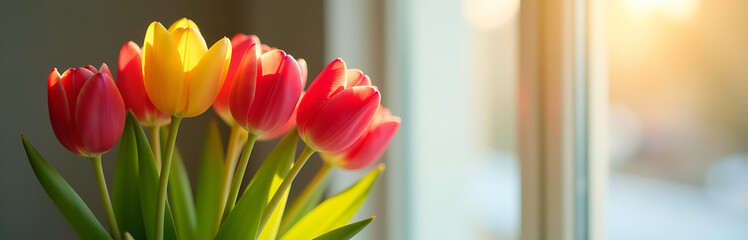 Fototapeta premium vibrant bunch tulips soft focus fill shallow depth field blurred studio background illuminated warm natural light