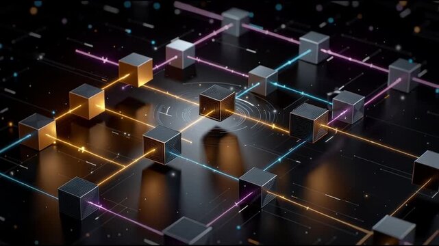 Supply chain resilience tech. Logistics automation forecasting management. Transportation. Cybersecurity. Blockchain. A digital representation of interconnected geometric cubes with beams.