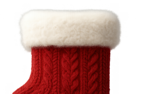 Red knitted christmas stocking with white furry trim, traditional holiday winter decoration concept on transparent background
