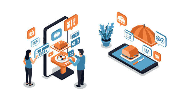 Isometric food delivery concept with mobile app and online ordering