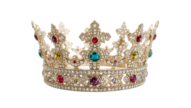 Golden royal crown with colorful gemstones and diamonds isolated on the transparent background, luxury monarchy jewelry, regal headdress, elegant tiara