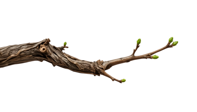 Old grapevine branch with young green buds isolated on the transparent background, symbol of spring, nature, vineyard, growth, renewal