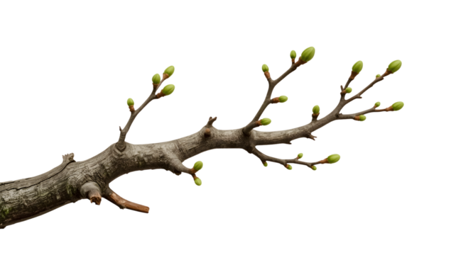 Tree branch with fresh green buds isolated on the transparent background, early spring growth and nature renewal concept