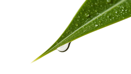 Closeup of green leaf with water droplets and dew drop on tip isolated on the transparent background  nature, freshness, purity, minimal, botanical
